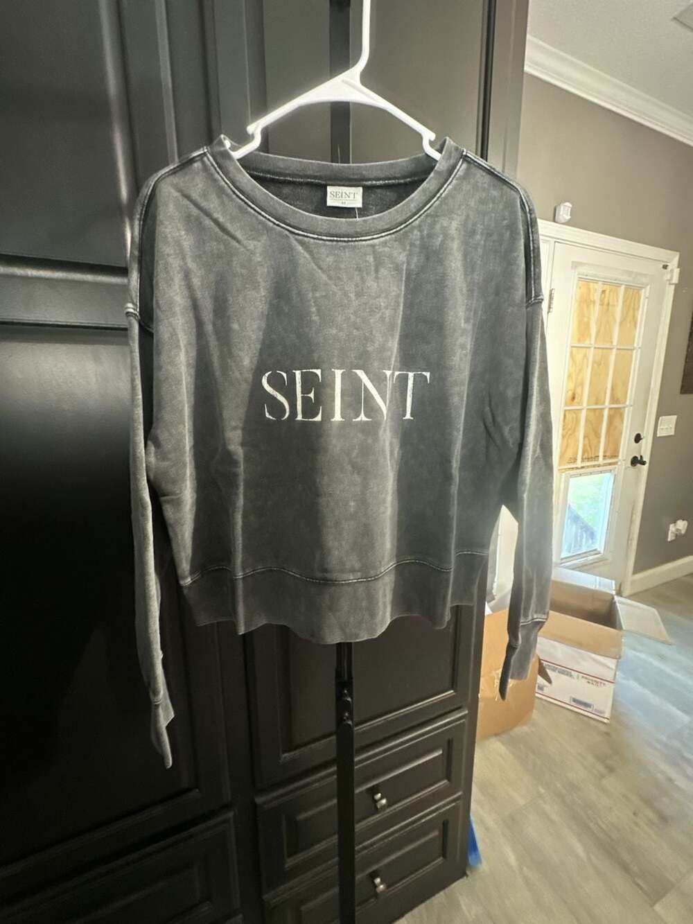 Seint Acid Wash Oversized Cropped Sweatshirt Washed Black Size M#1036